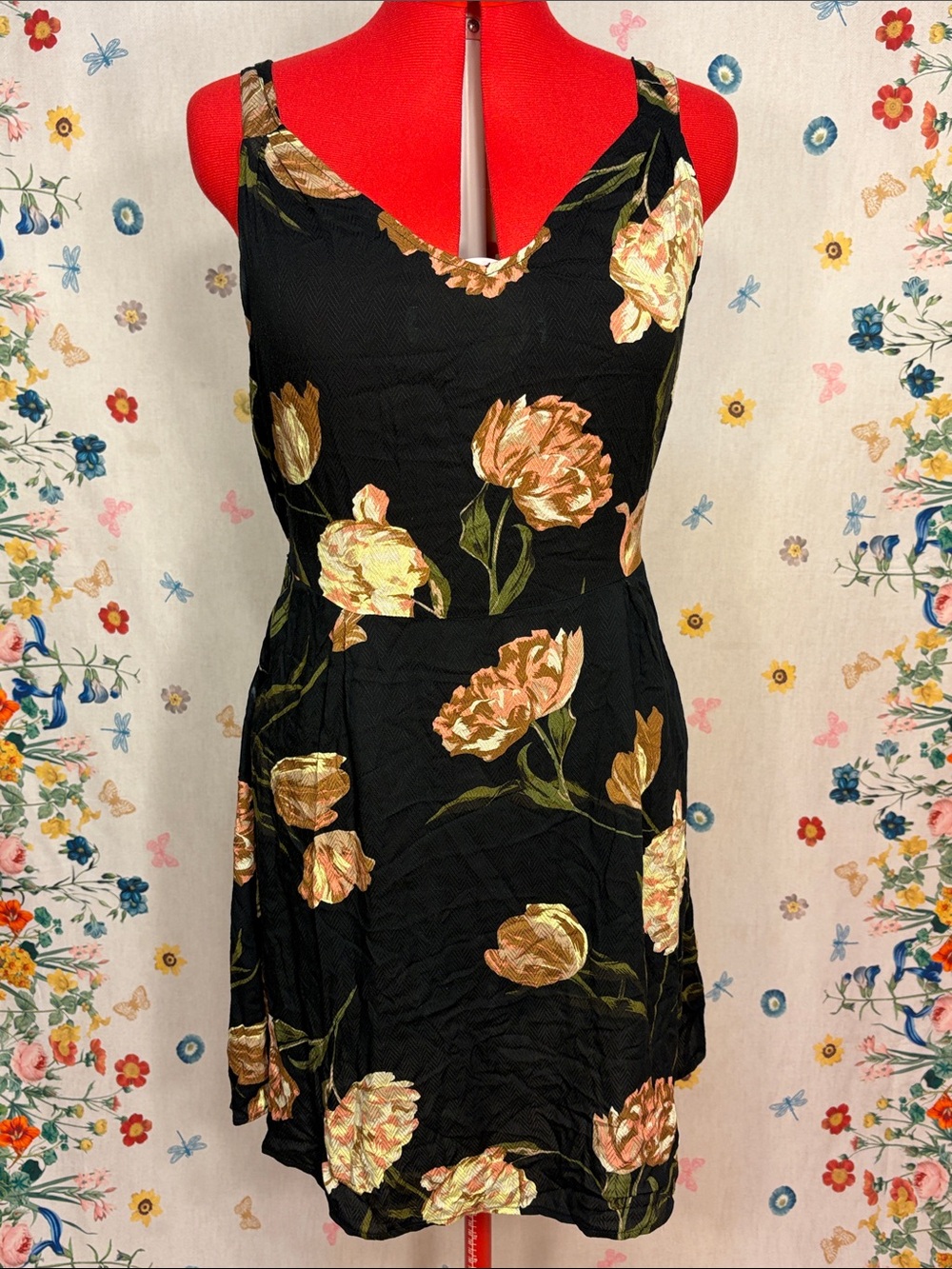 A New Day - Textured Rayon Black Mini Dress with Gold & Cream Floral Print
